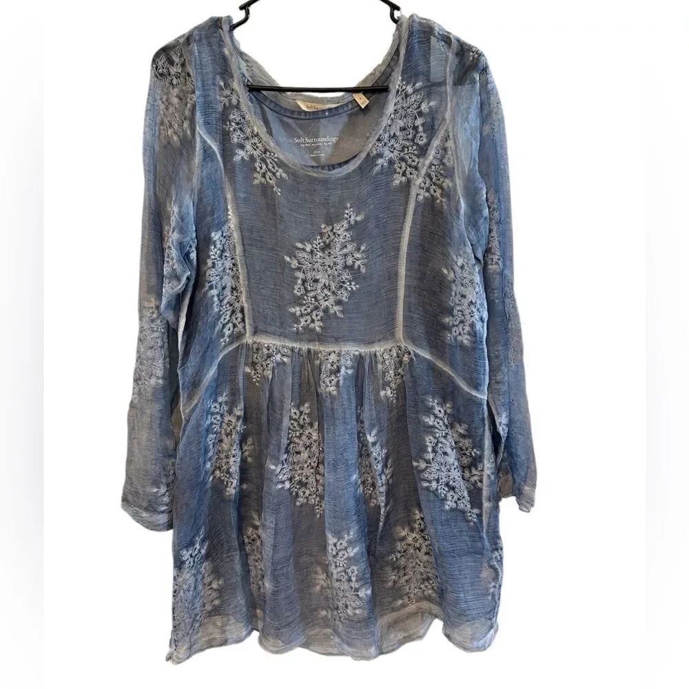 Soft Surroundings Soft Blue Embroidered Silk Florals Boho Peasant Top S